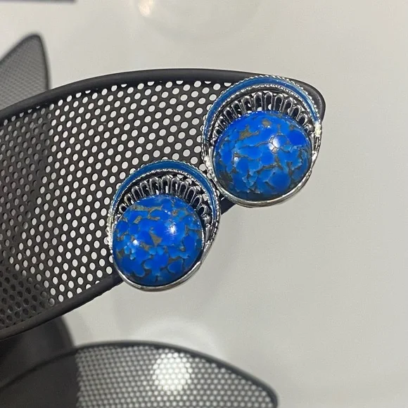 1950s Vintage STAR ( Staret) signed Round Blue Silver Tone Earrings Screwback - Picture 3 of 6